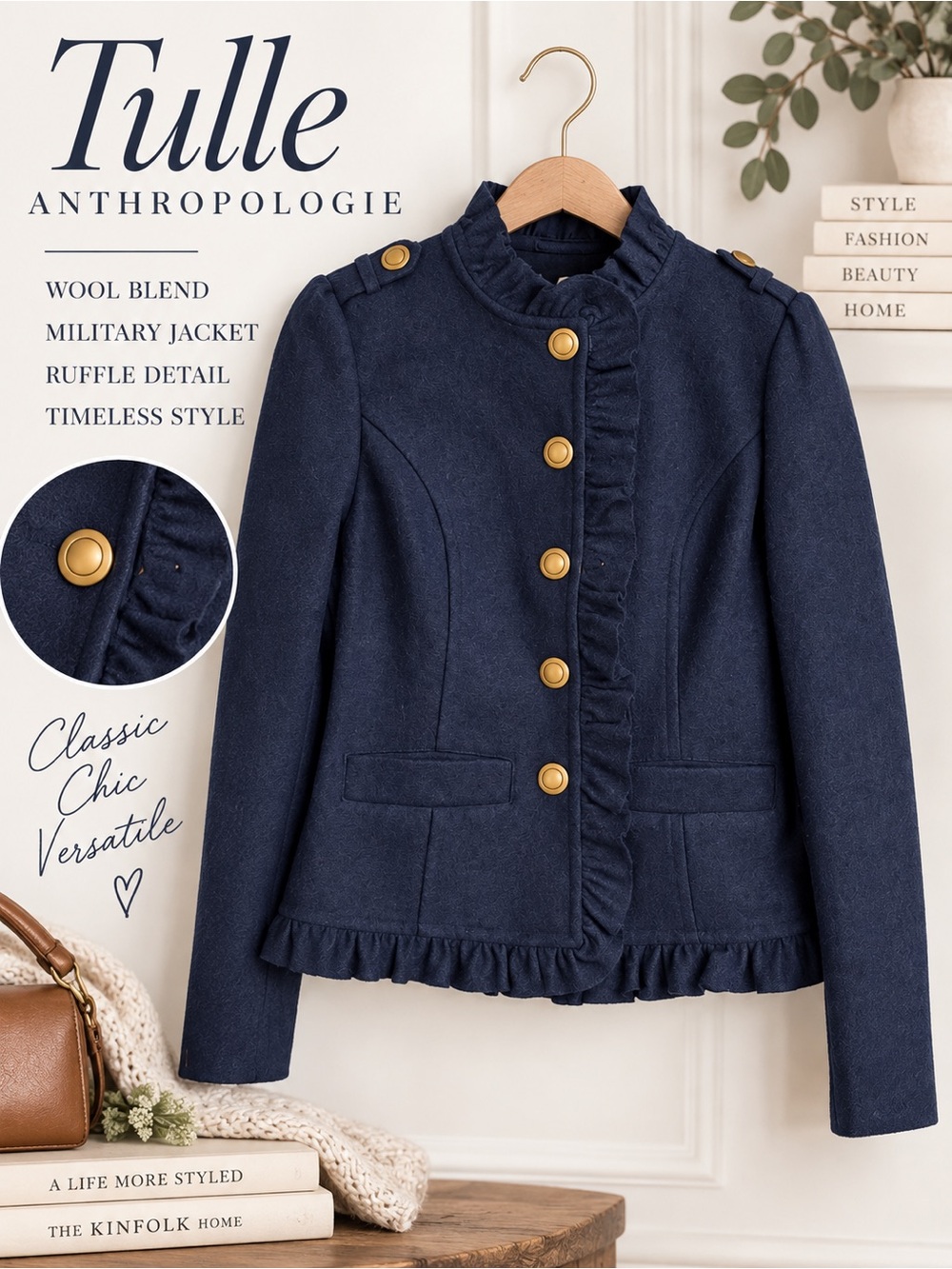 Tulle Anthropologie Navy Blue Ruffle Wool Blend Military Jacket Size M
